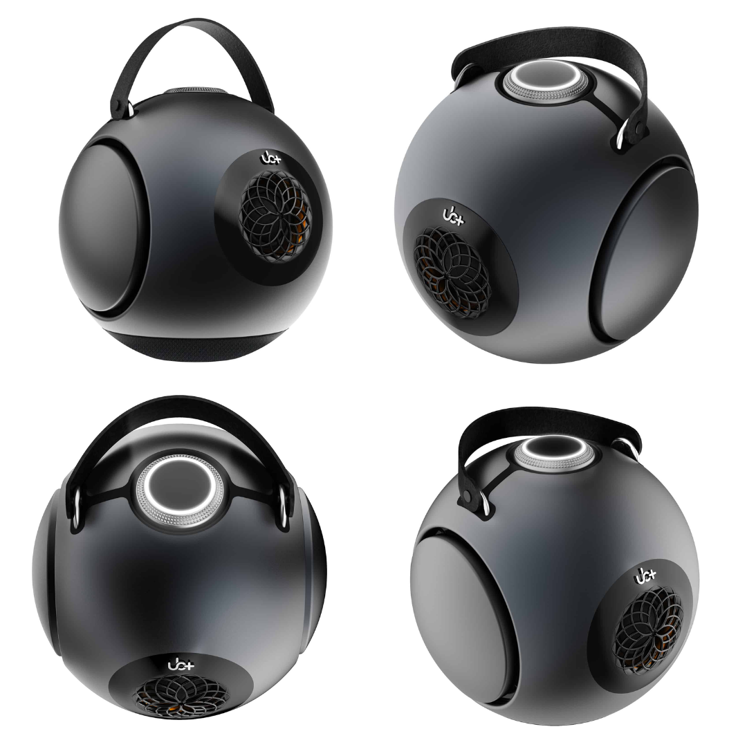 UB+ DB1 Doublebass portable speakers in metallic grey, shown from multiple angles with carrying handles and modern spherical design