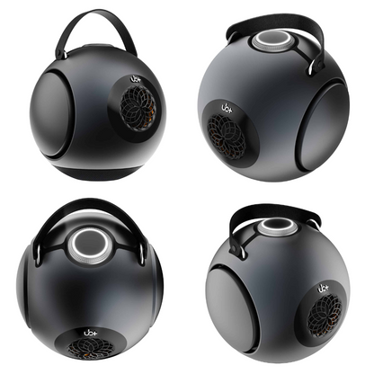 UB+ DB1 Doublebass portable speakers in metallic grey, shown from multiple angles with carrying handles and modern spherical design