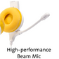 Close-up of white and yellow over-ear headphones featuring a detachable high-performance beam microphone, with breathable mesh ear cushions, shown on a white background