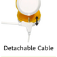 Close-up of a white and yellow headphone earcup showing a detachable audio cable being inserted, with an arrow indicating the cable’s removability; text reads “Detachable Cable.”